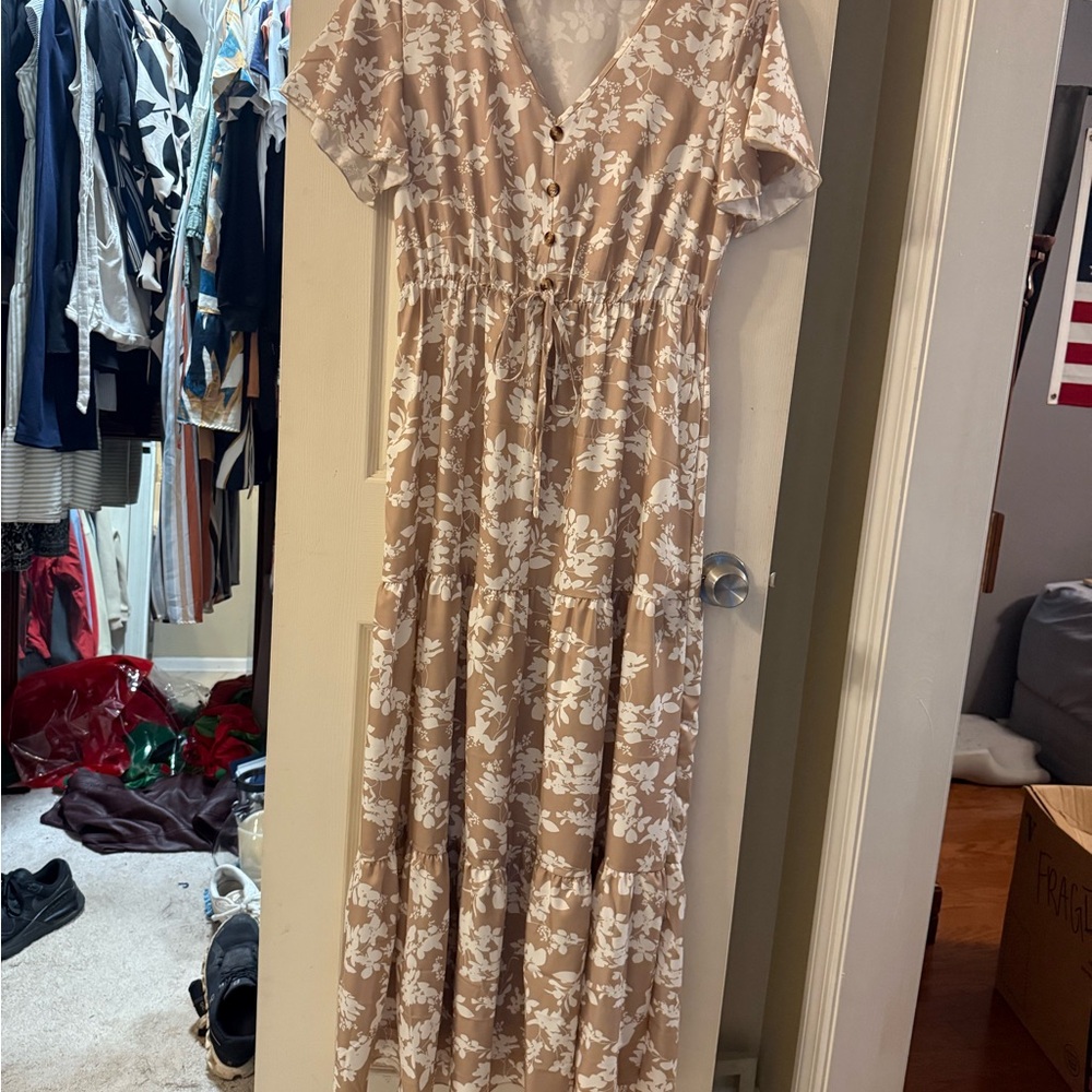 SHEIN Tan Maxi Dress V-Neck Flutter Sleeve Wedding Guest